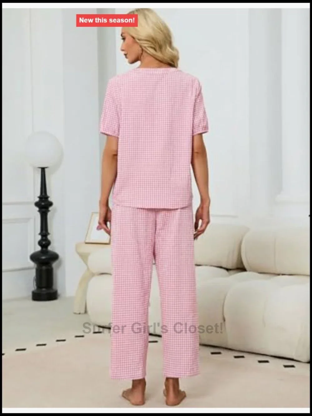 Cotton Blend Gingham Pajama Set Half Sleeve Shirt Wide Leg Pants Y2K Matching
